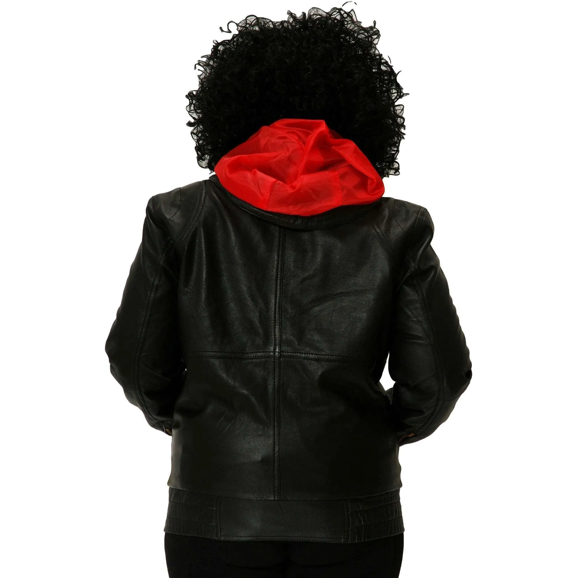 Womens Leather Jacket Black Hoodie Smooth Nappa Sheepskin Celebrity style